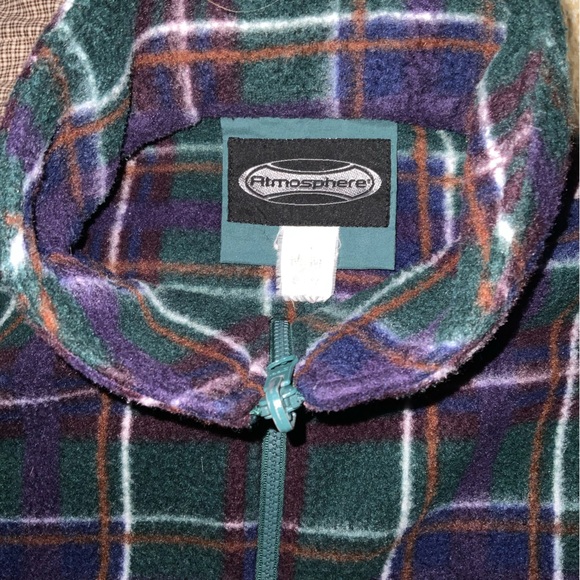 vintage 90s atmosphere fleece shell jacket pair M/L plaid green purple navy grid - Picture 2 of 10